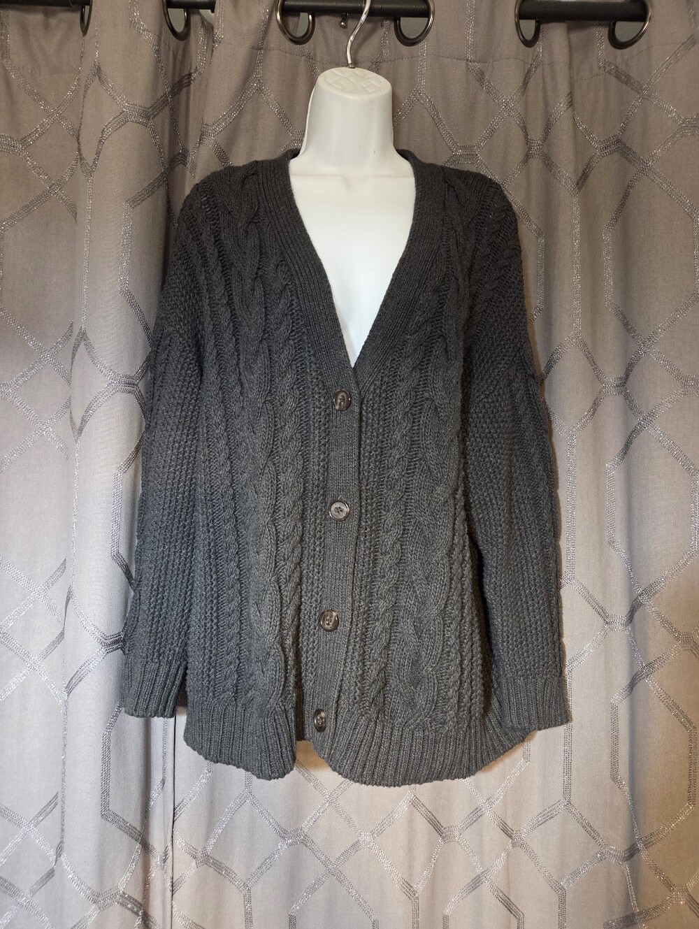 Quince Charcoal Dark Gray Cable Knit Cardigan Sweater S